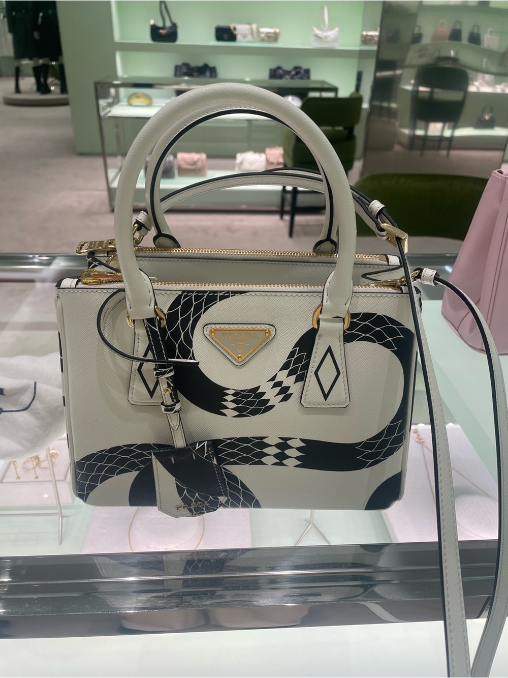 Prada White Leather Top-Handle Satchel with Black Snake Motif